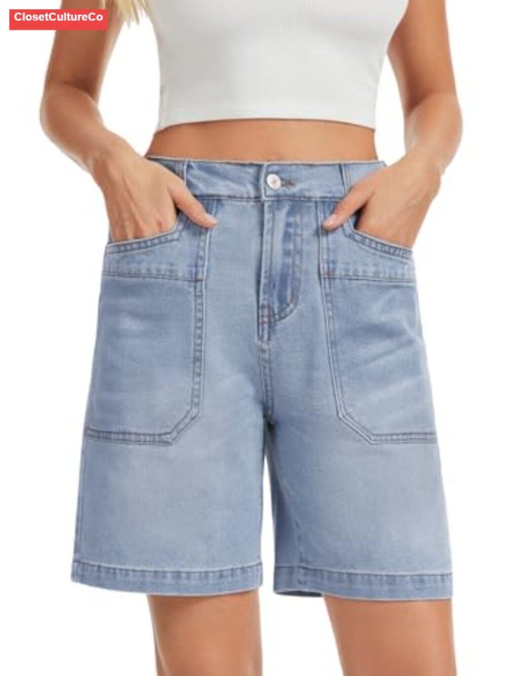 High Waisted Bermuda Jean Shorts Wide Leg 7" Inseam Denim Shorts with Pockets